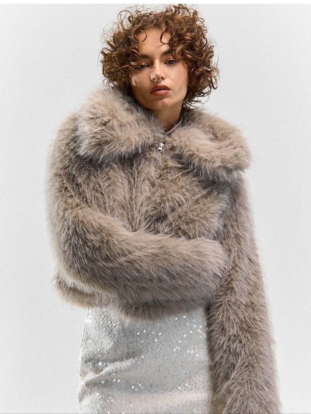 Women’s Taupe Faux Fur Cropped Jacket by Coco & Shay Large